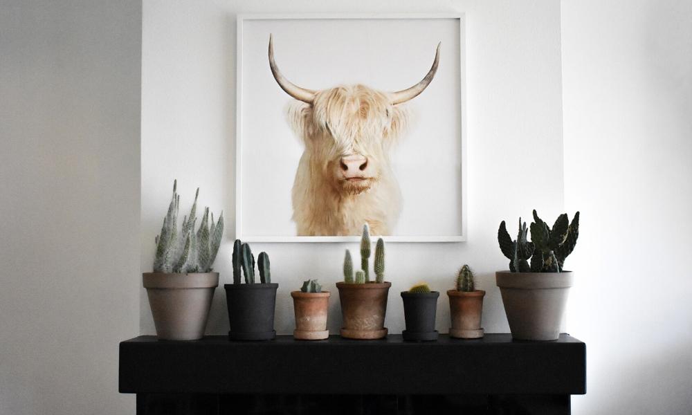 Simple mantel decor with scandi cow and plants